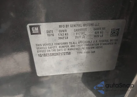 2017 Chevrolet Cruze Lt Auto from USA, damaged, VIN 1G1BE5SM2H7172758